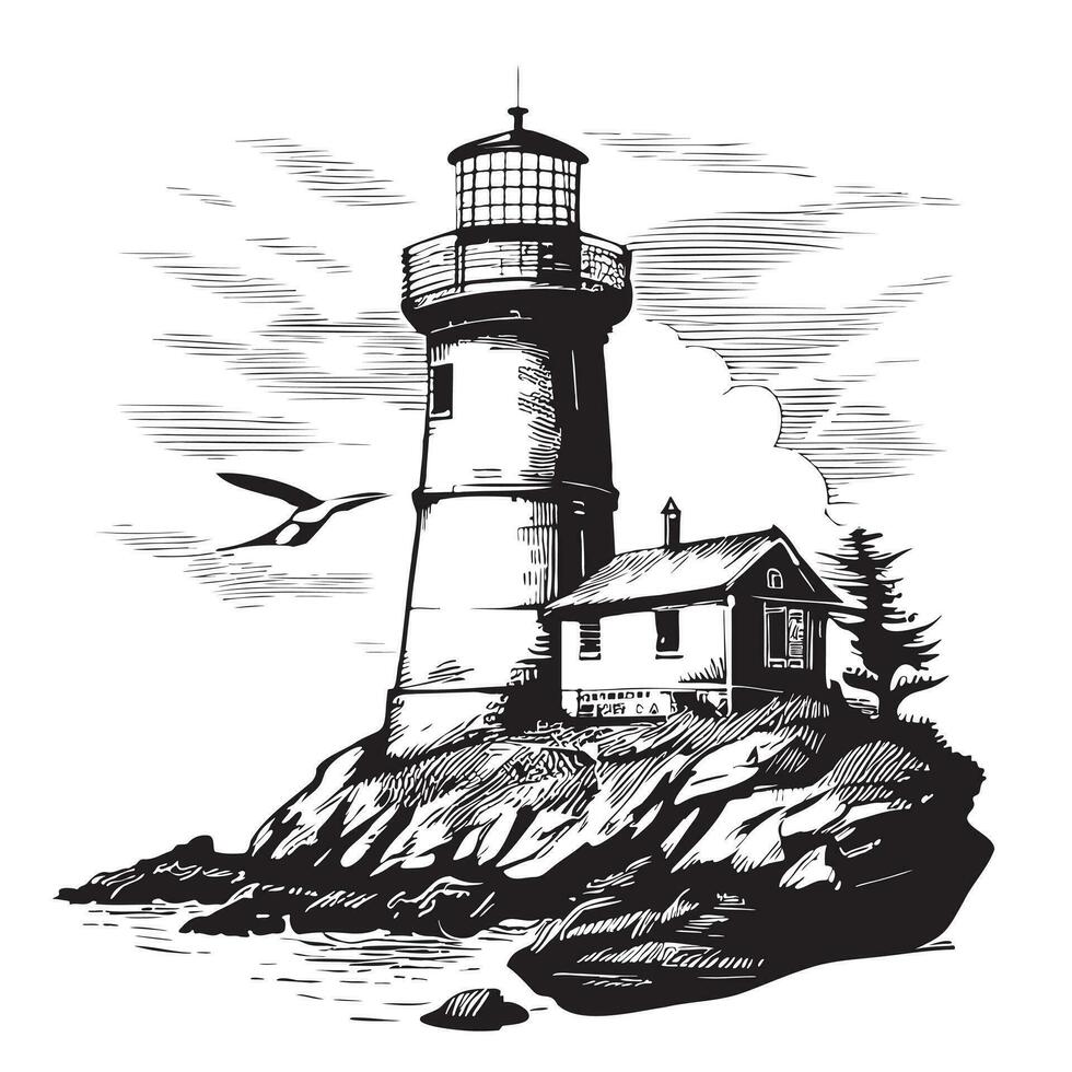 Leuchtturm auf das Seekosten skizzieren Hand gezeichnet Vektor Illustration