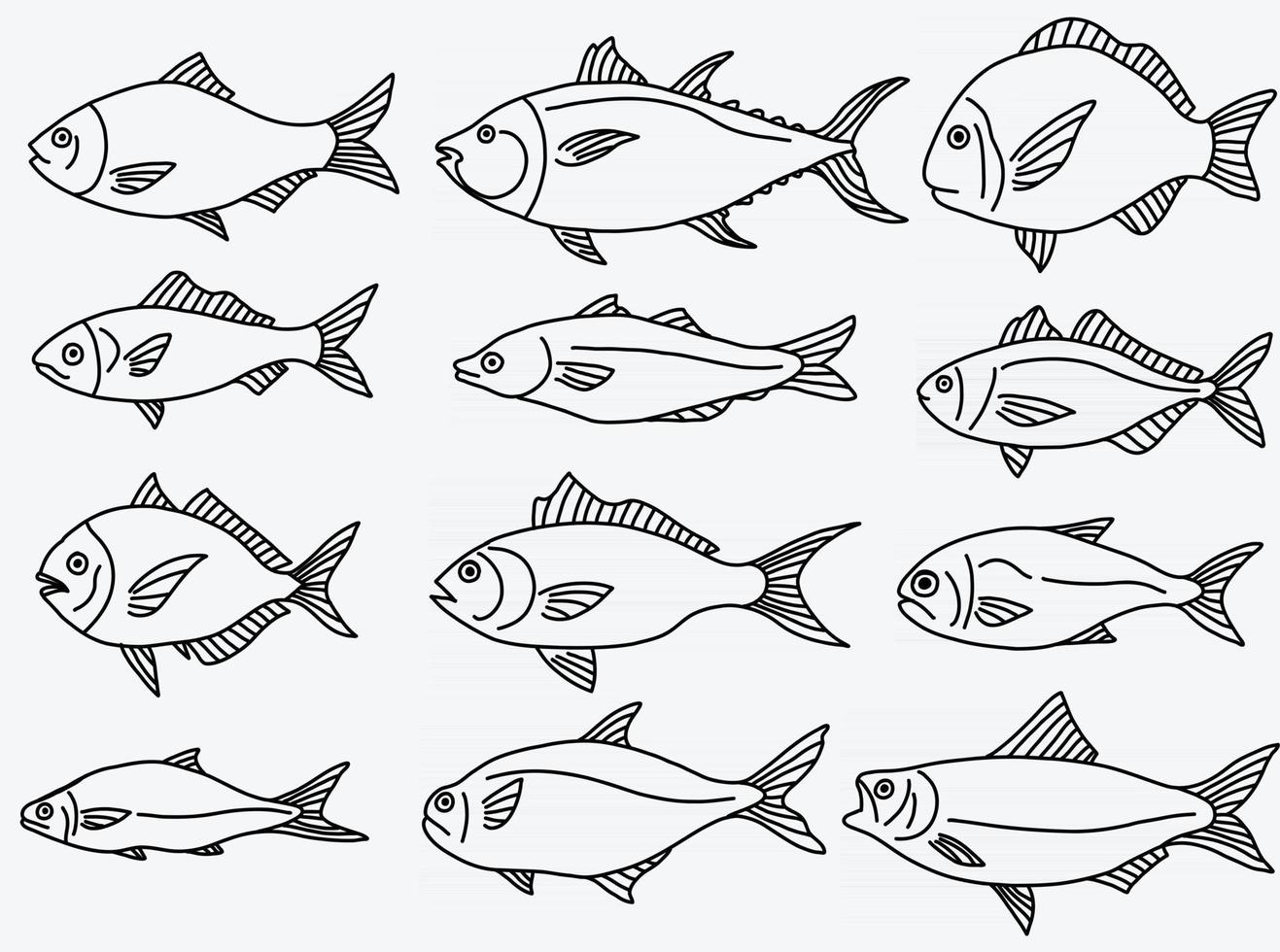 Gekritzel-Freihand-Skizze-Zeichnung der Fischsammlung. vektor