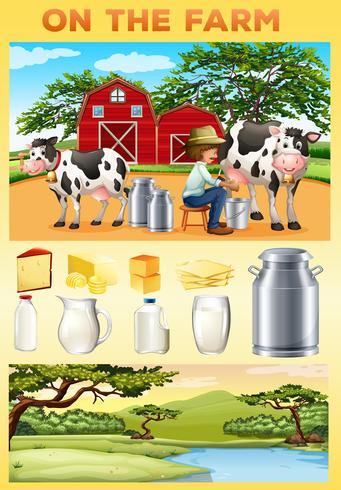 Bauernhofthema mit Landwirt- und Milchprodukten vektor