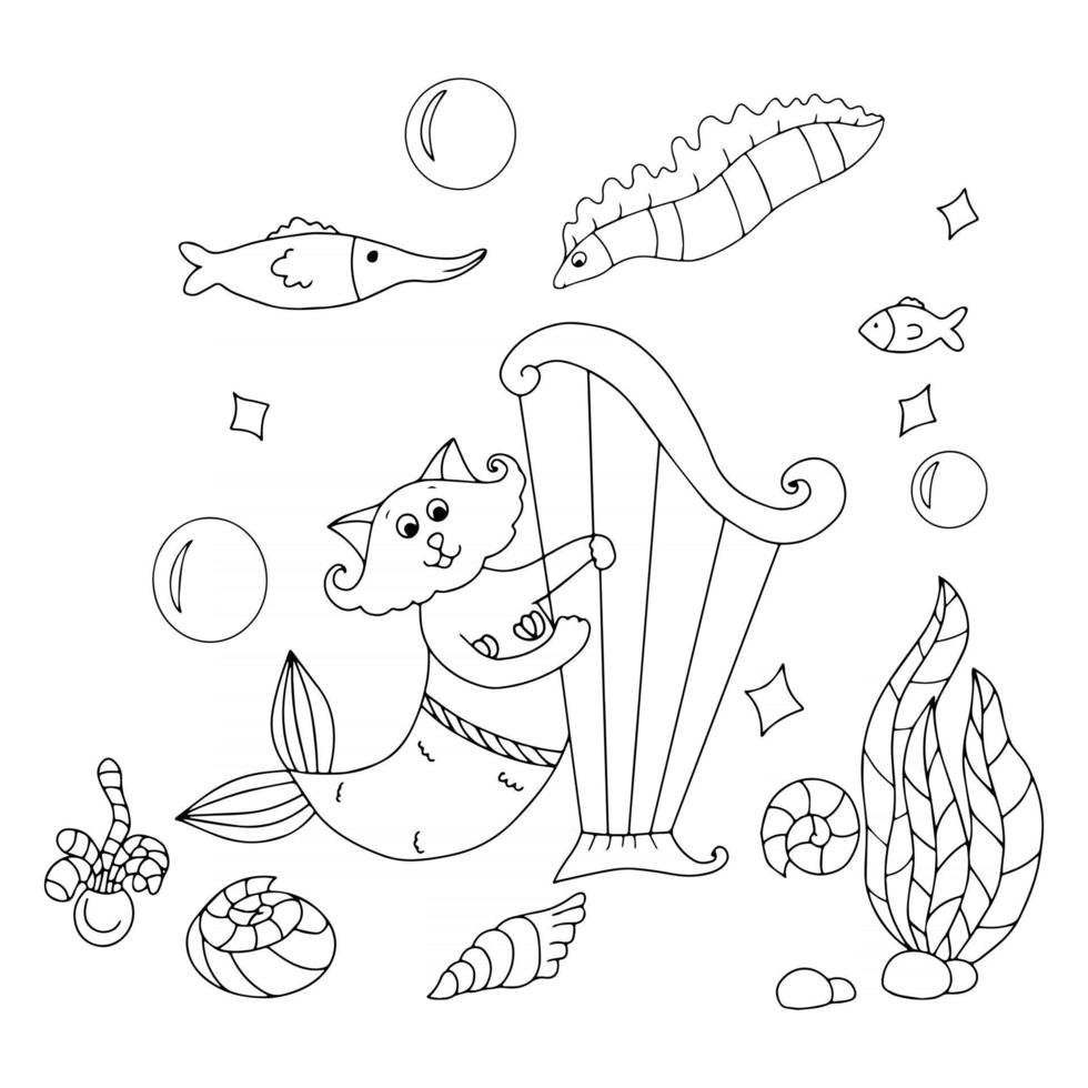 vektor illustration av den lilla sjöjungfru katten för målarbok