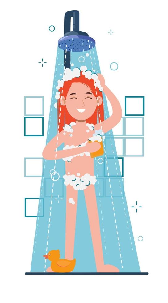 junge Frau beim Duschen im Badezimmer. wäscht Kopf, Haare und Körper vektor
