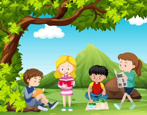 Fyra barn läser böcker under trädet vektor