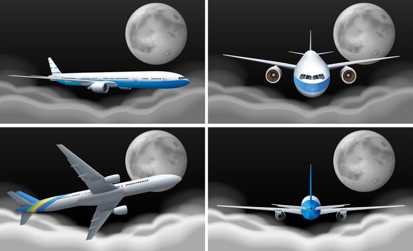 Vier Szenen mit Flugzeug nachts fliegen vektor