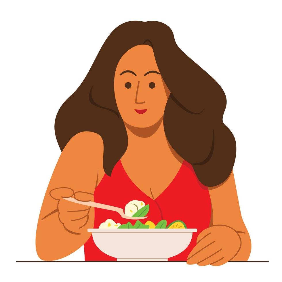 knubbig kvinna tycker om att äta salladen för god hälsa. vektor