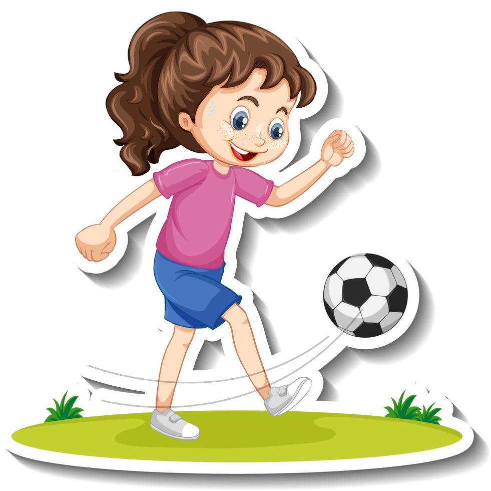 tecknad karaktär klistermärke med en tjej som spelar fotboll vektor