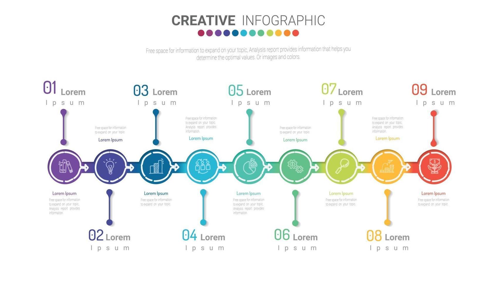 Infografik-Design-Vorlage mit Symbolen und 9 Optionen oder Schritten. vektor