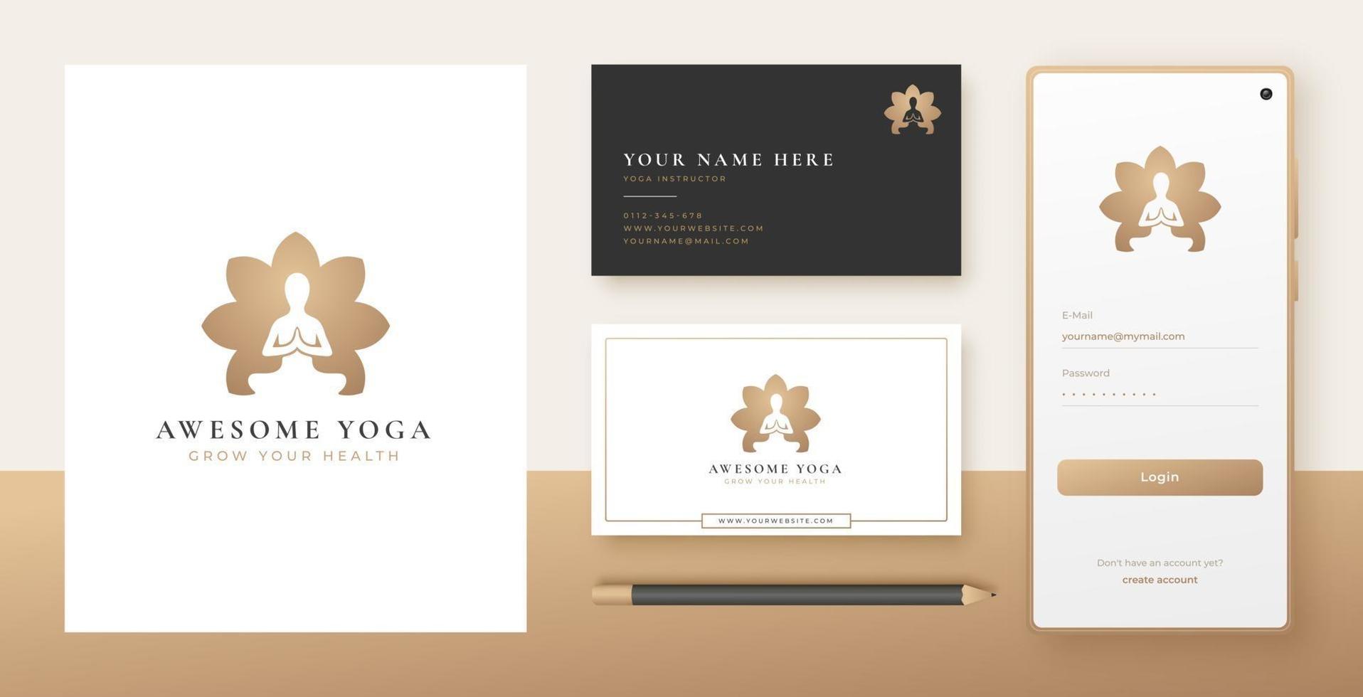 yogameditation i blommformad logotypdesign vektor