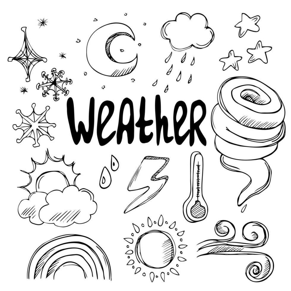 Sammlung von Hand gezeichnet Vektor Kritzeleien - - Wetter Symbole. Wolken, Sonne, Regen, Sterne und Mond, Termometer, Schnee, Wind, Tornado Symbole.