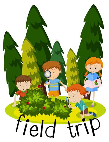 Flashcard för fälttur med barn som lär sig i trädgården vektor