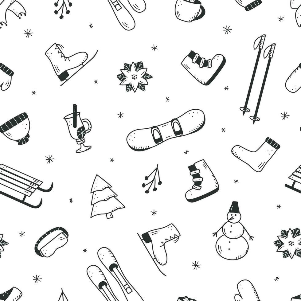 sömlösa doodle mönster element av jul och nyår element bakgrund av vintern element av aktiv rekreation och vinter objekt. vektor