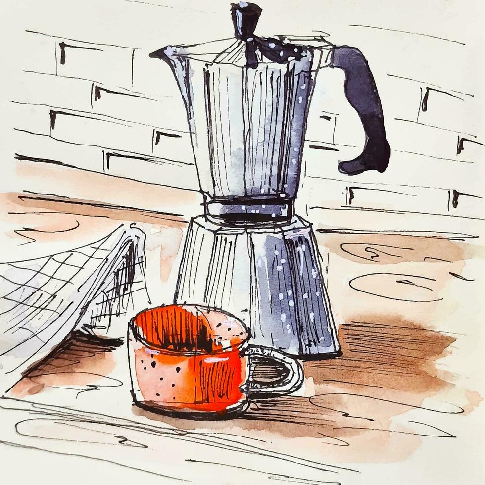 skiss kök i de morgon- gejser kaffe tillverkare och kopp av kaffe hand dragen illustration vektor