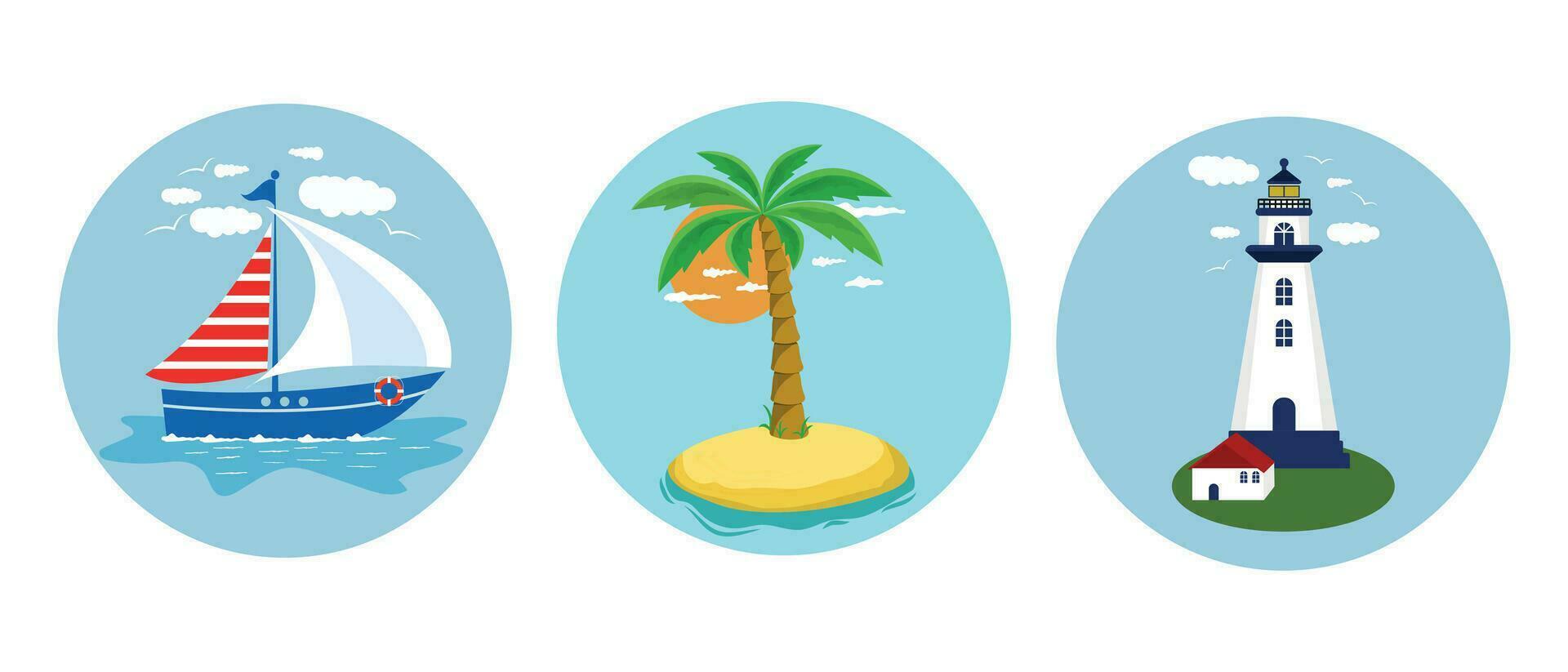 nautisk ikoner. ikoner med handflatan träd, segelbåt och fyr. vektor