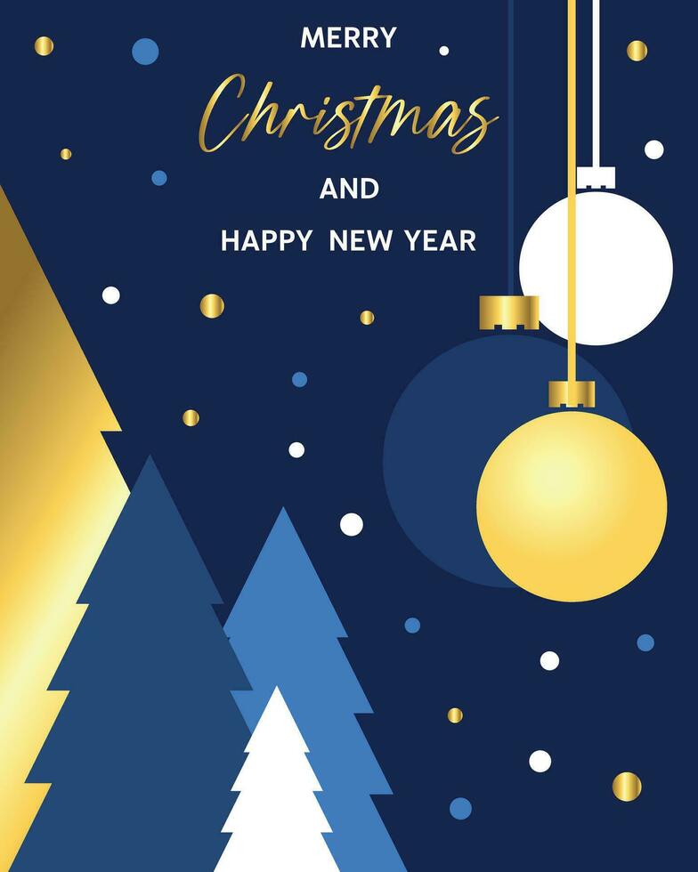Neu Jahr und Weihnachten Karte mit Blau und Gold Tanne Bäume und Bälle. vektor