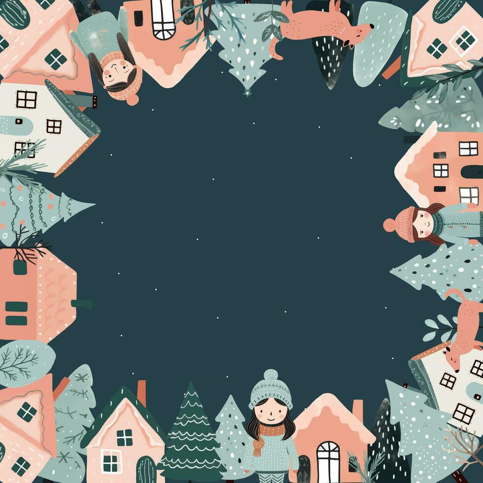 Platz Winter Karte, Weihnachten Rahmen mit Scandi Häuser, Bäume, Mädchen. Neu Jahr, Winter Ornament, Poster vektor