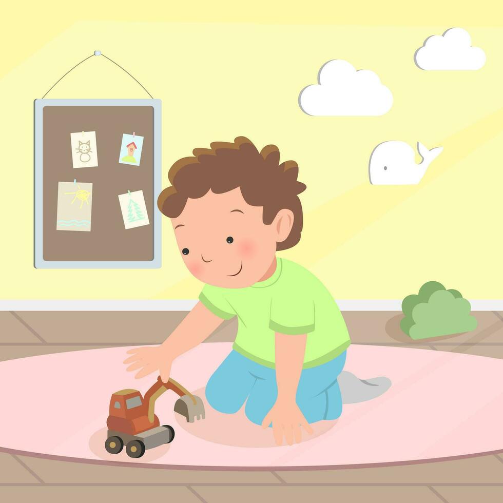 süß Junge Sitzung auf Fußboden und spielen mit Wagen. Kind im Kindergarten. Karikatur Vektor Illustration