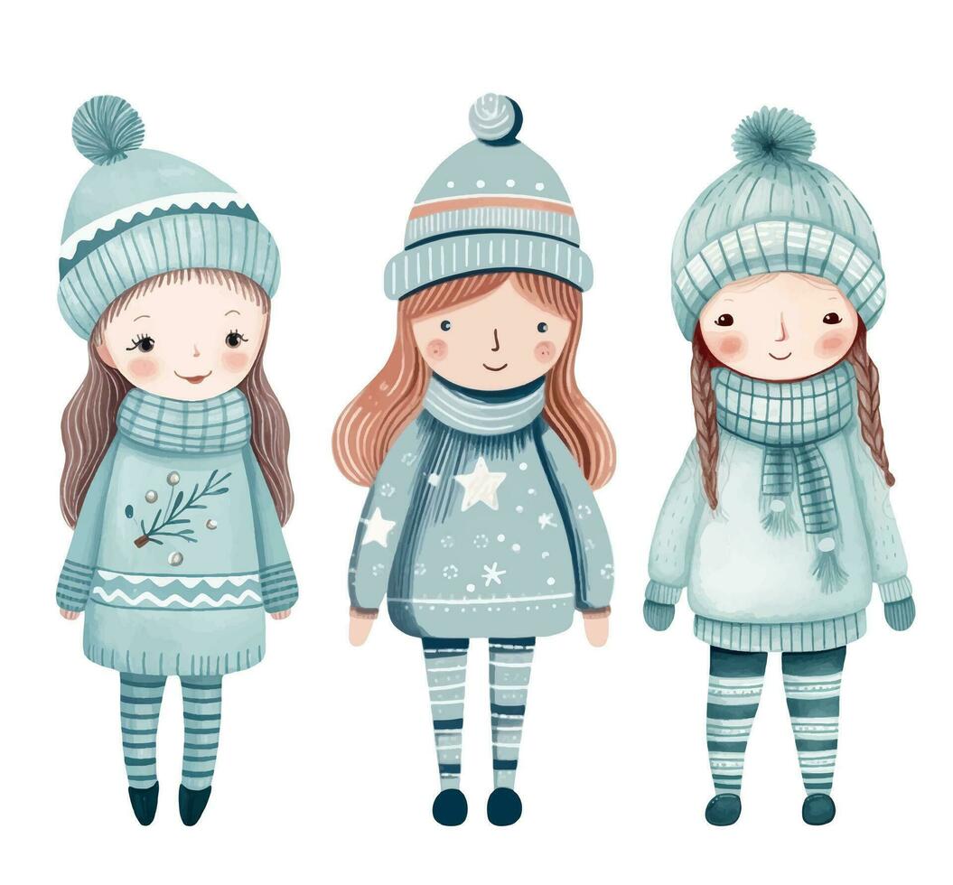 uppsättning av rolig flickor i vinter. hand dragen flickor i fe- berättelse scandi stil. vinter- kläder. vektor