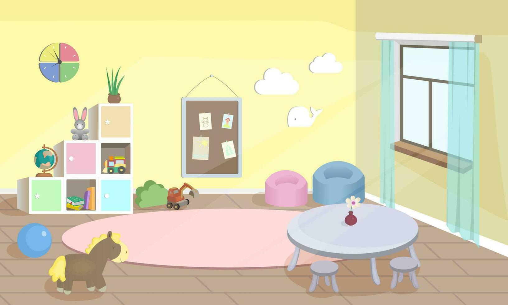 Spielzimmer, Kindergarten Vektor Illustration. leeren Karikatur Hintergrund mit Kind Spielzeuge, Tabelle und Boxen. modern Zimmer mit Sonnenlicht von Fenster, Möbel und Spielzeuge zum Kinder