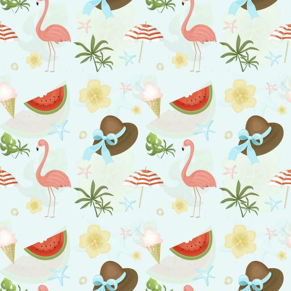 sommar sömlös färgrik mönster med flamingo, tropisk löv, snäckskal, vattenmelon, parasoll, blommor. vektor illustration