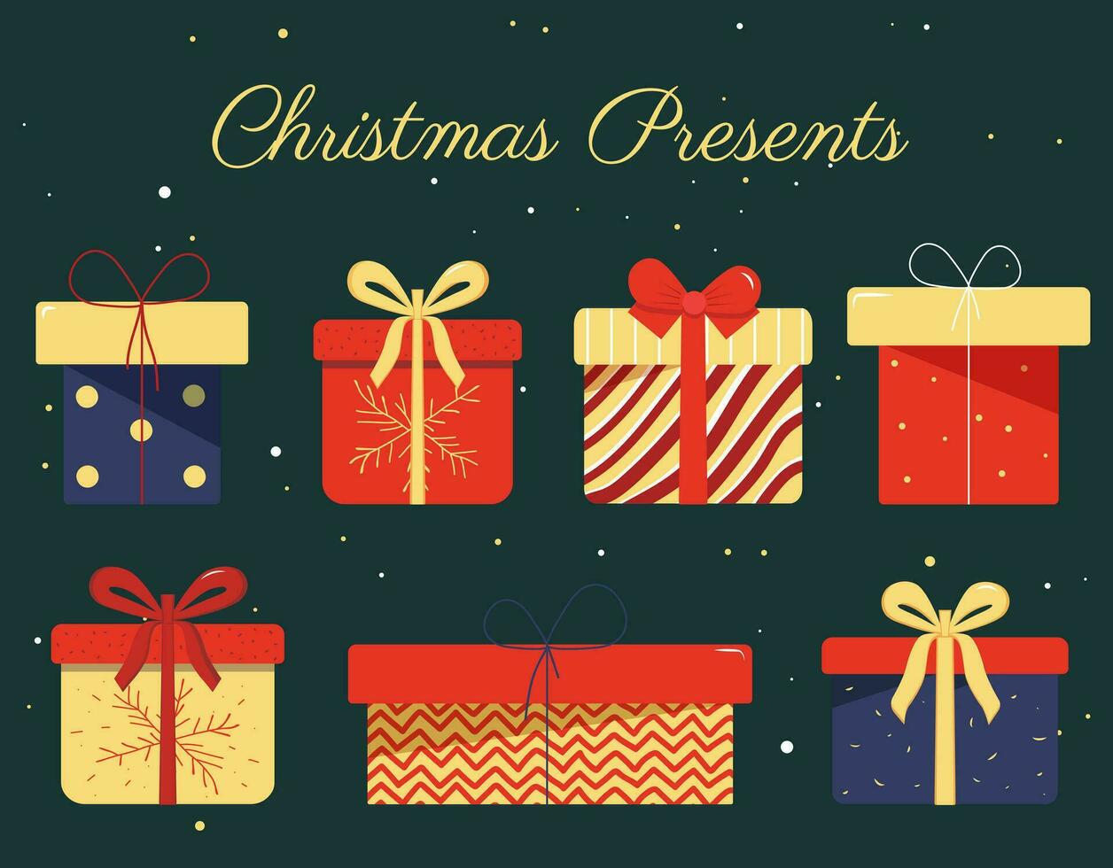 Vektor Illustration von verschiedene Weihnachten Geschenk Kisten im eben Stil. Weihnachten Satz. Urlaub und Weihnachten die Geschenke.