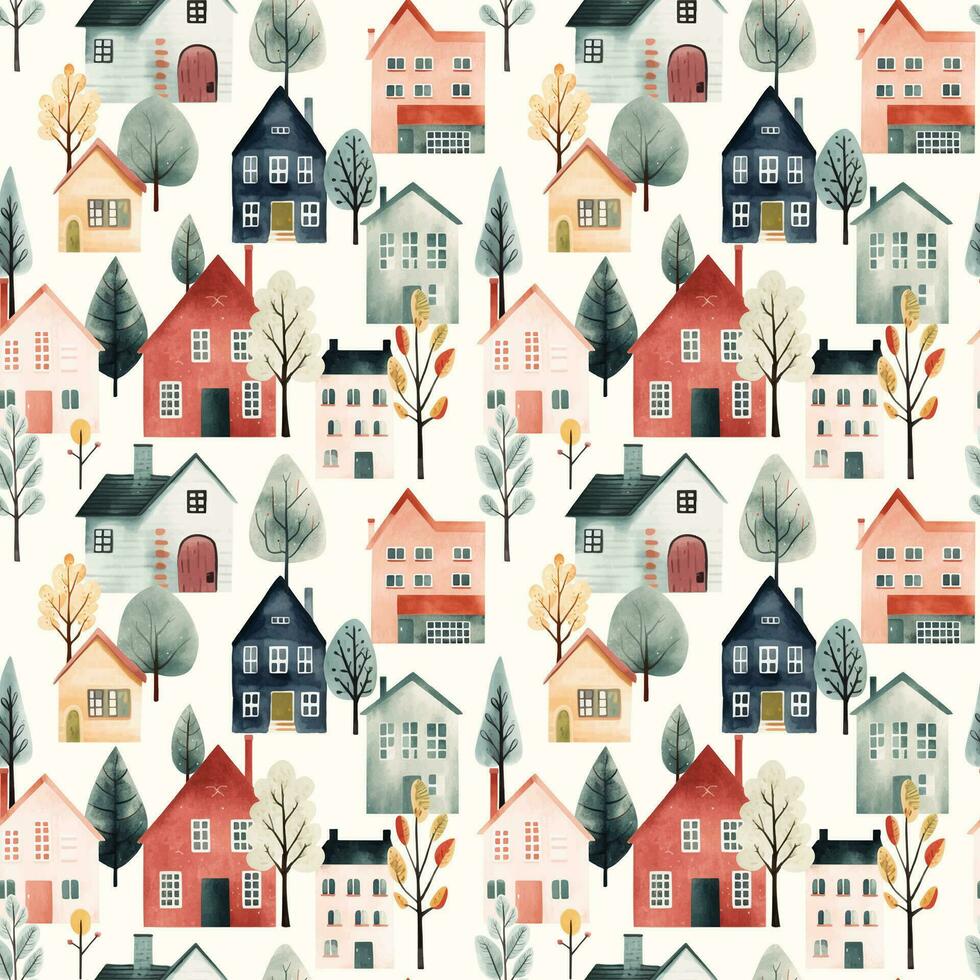 skandinavisch Häuser nahtlos Muster. süß Aquarell Gebäude und Bäume. modisch Scandi drucken, dekorativ Vektor Hintergrund