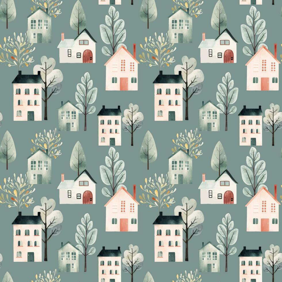 skandinavisch Gebäude nahtlos Muster. süß Aquarell Häuser und Bäume. modisch Scandi Vektor Hintergrund