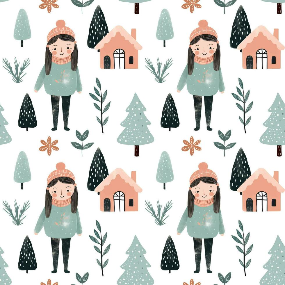 nahtlos Muster mit Gekritzel Mädchen, Haus und Baum. Vektor Hand gezeichnet Weihnachten Elemente. Winter Hintergrund