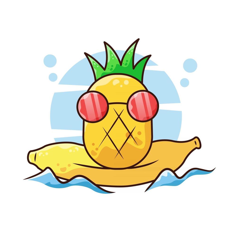 Ananas-Surfen mit Bananenvektor-Cartoon-Illustration vektor