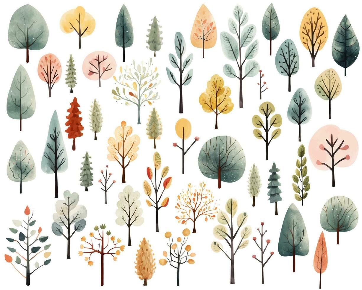 samling av vattenfärg scandinavian träd. söt abstrakt färgad träd. trendig scandi vektor växter.