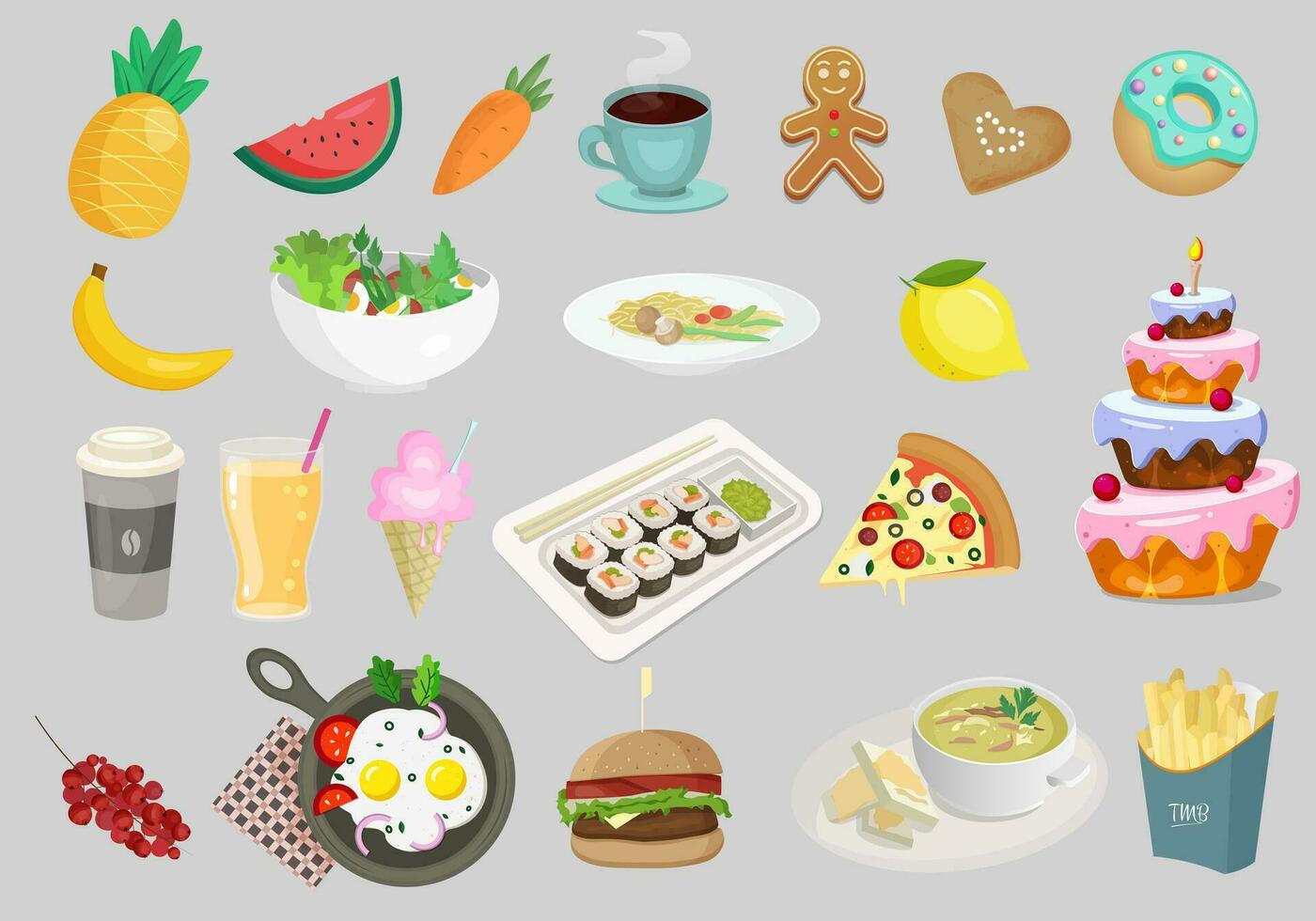 einstellen von lecker Lebensmittel. Sammlung von Essen und Getränke. Vektor Illustration schnell Essen, Kuchen, Früchte.