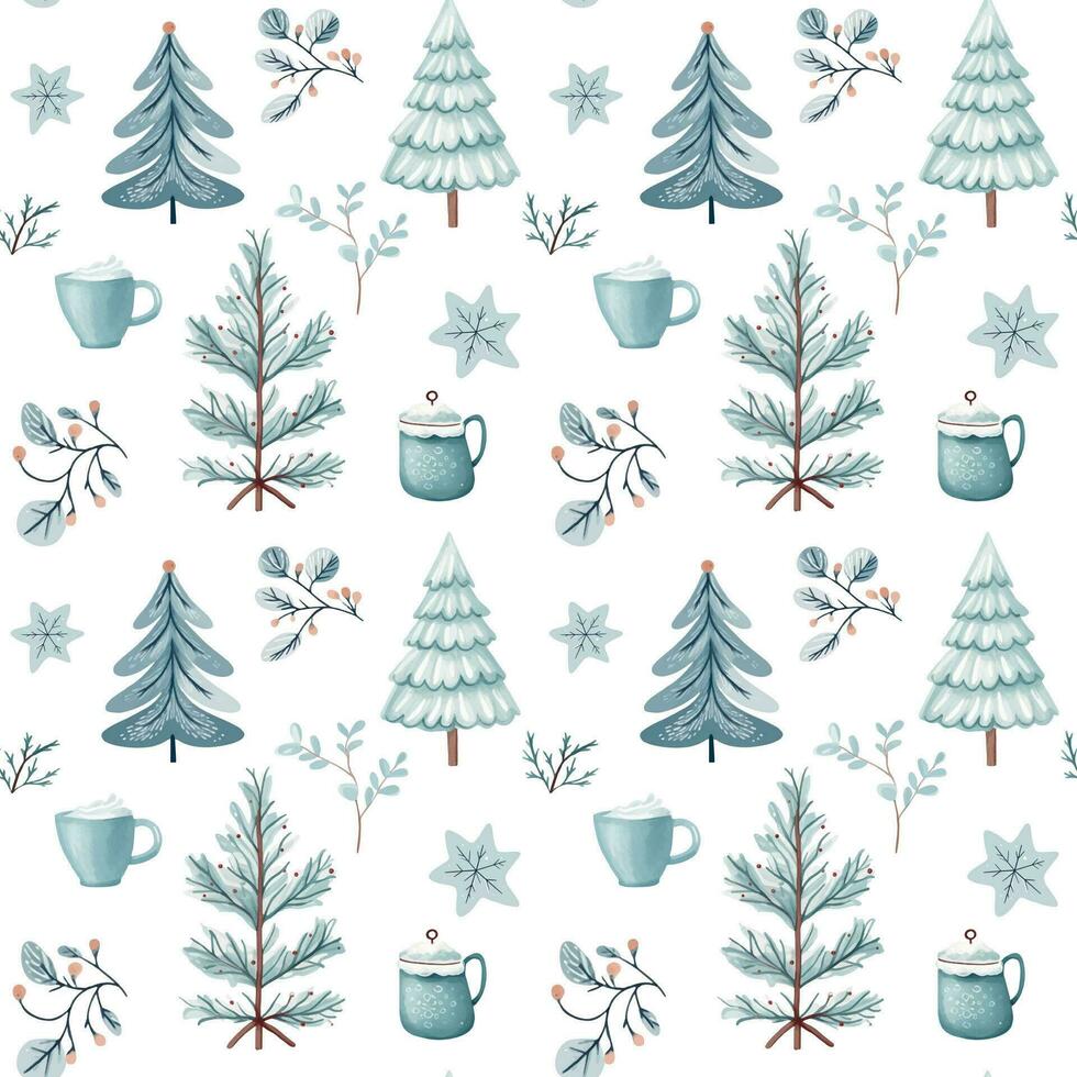 nahtlos Muster mit Gekritzel schneebedeckt Bäume und Tassen. Vektor Weihnachten Elemente. Winter Hintergrund
