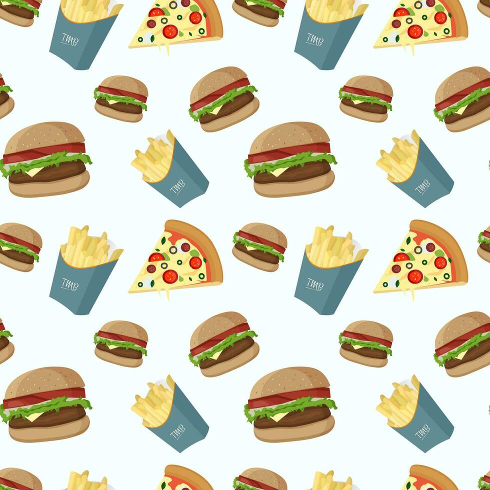 Vektor nahtlos Muster mit schnell Lebensmittel. Essen Hintergrund. nahtlos Muster mit Burger, Französisch Fritten, Pizza.
