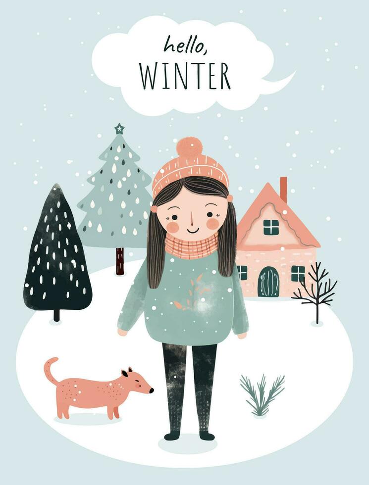 Hand gezeichnet Winter Poster mit Mädchen, schneebedeckt Bäume, Haus. Wnter Weihnachten Karte zum Veranstaltung Einladung, Gutschein, Sozial Medien. winterlich Szenen. vektor