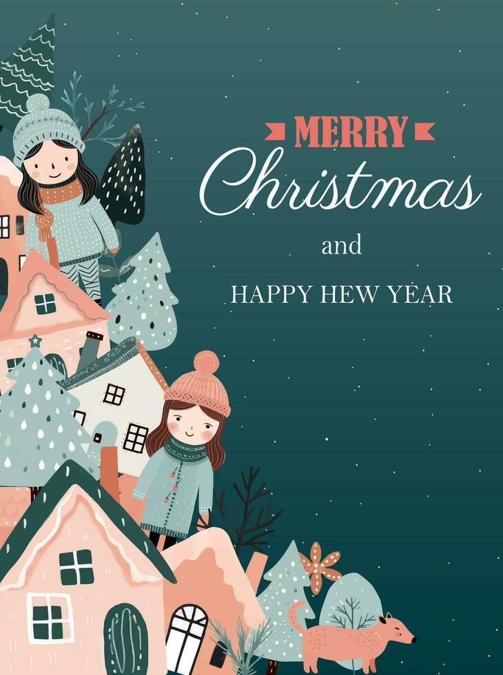 Konzept Weihnachten und Neu Jahr. Winter Ornament, Poster, Banner. Winter Karte, Rahmen mit Scandi Häuser, Bäume, Mädchen. vektor