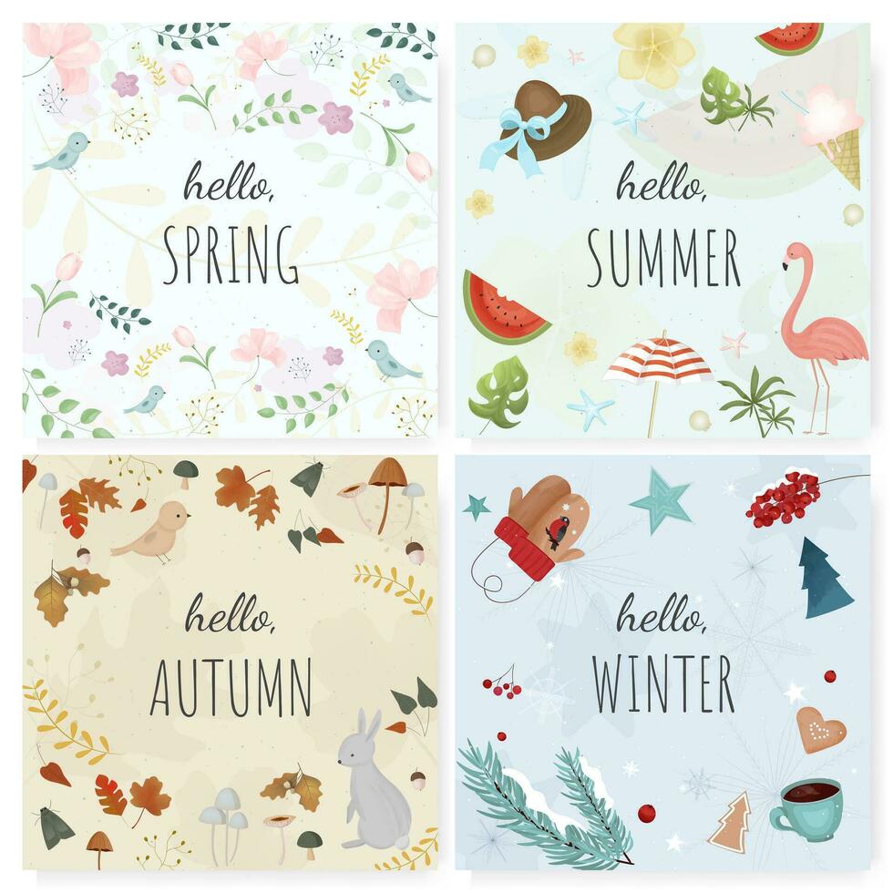 Hallo Jahreszeit Banner. Herbst, Winter, Frühling und Sommer- Vektor Illustration Satz. Hallo Herbst, Winter Werbung, Frühling Beschriftung und Sommer- Etikett.