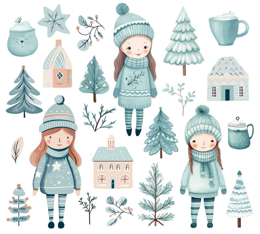 Vektor Weihnachten einstellen mit süß Mädchen, Scandi Häuser, Weihnachten Bäume und Tassen. einstellen von Aquarell Winter Elemente.