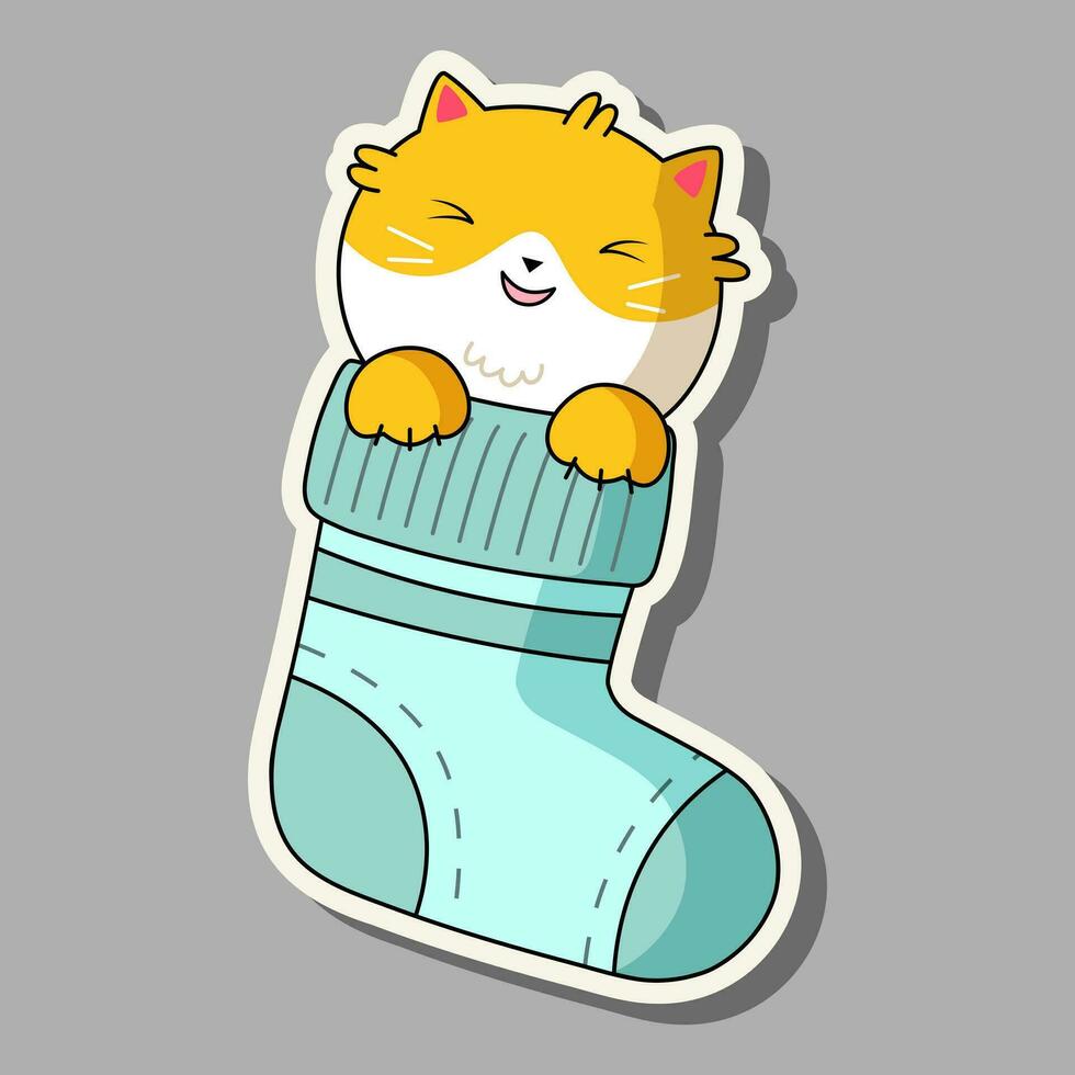 süß Katze im kawaii Stil. Karikatur Aufkleber Katze im ein Socke. Vektor Illustration Katze.