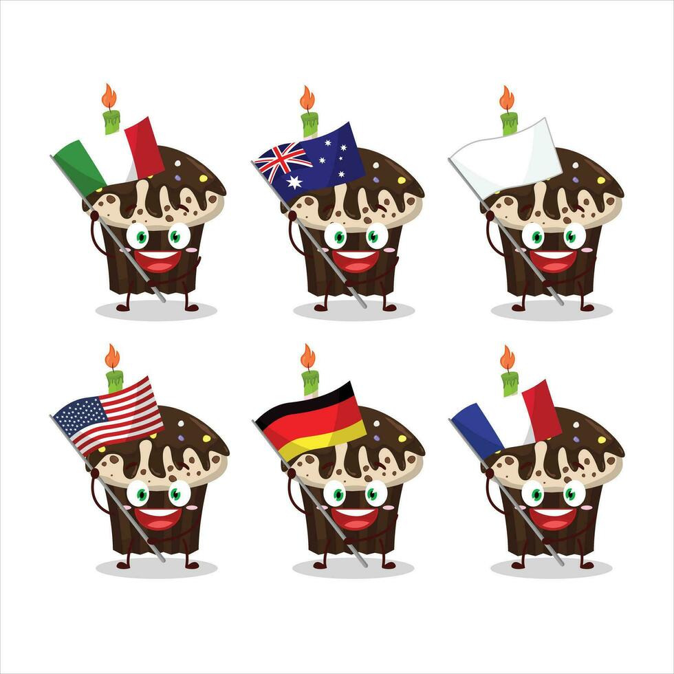 Geburtstag Muffin Karikatur Charakter bringen das Flaggen von verschiedene Länder vektor