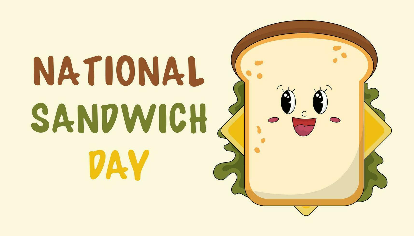 National Sandwich Tag. Vektor Illustration. ein Stück von Brot mit Käse und Salat. süß Karikatur Sandwich Charakter. Urlaub Banner, Poster oder Netz Buchseite.