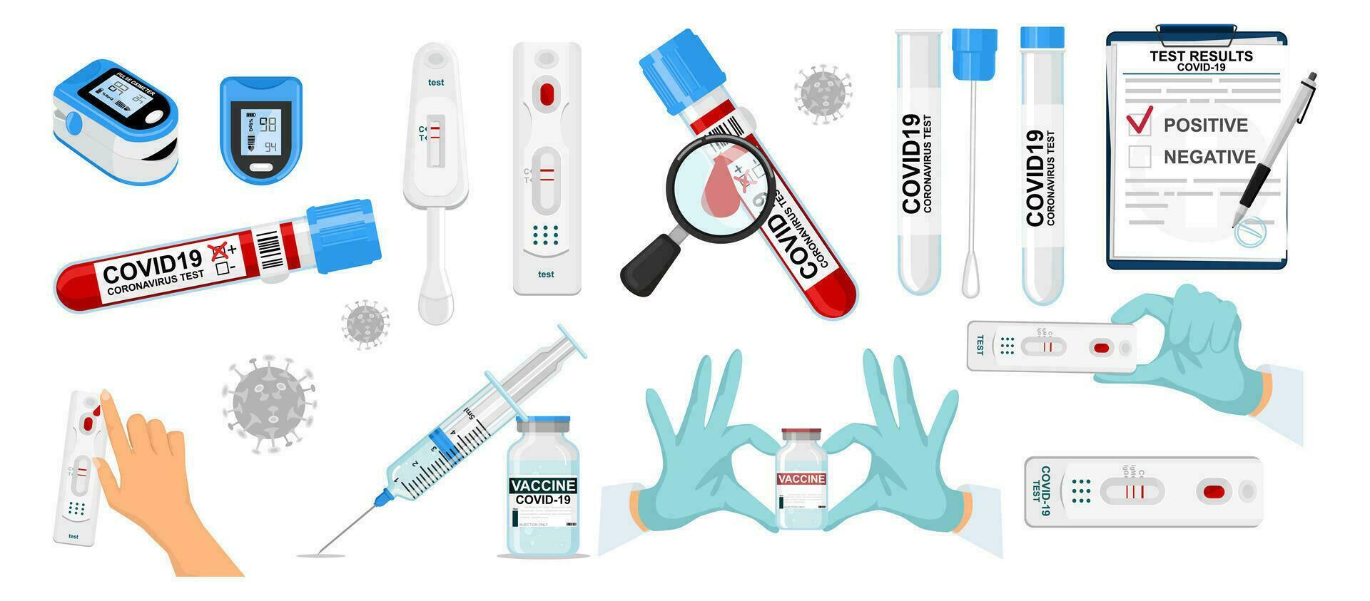 Virus und covid-19 testen und Selbsttest Kit mit Labor Blut Prüfung Rohr. Verhütung von Coronavirus., Herz Bewertung Kontrolle. Zuhause testen und Diagnose von das Immunschwäche Virus. vektor
