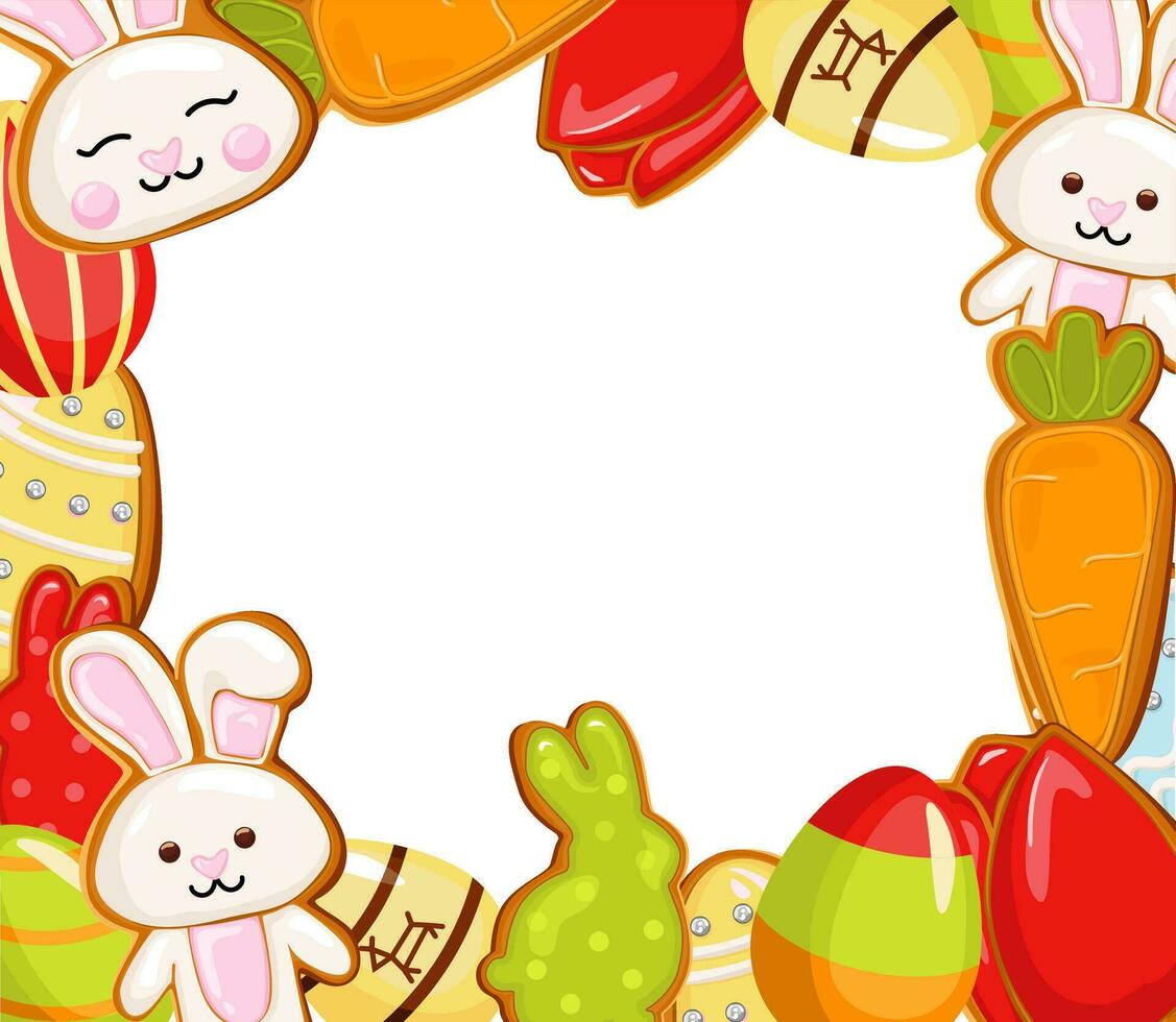 Ostern Banner Urlaub Tag, mit Ostern Eier und Lebkuchen Kekse auf Weiß Hintergrund, Konzept. vektor