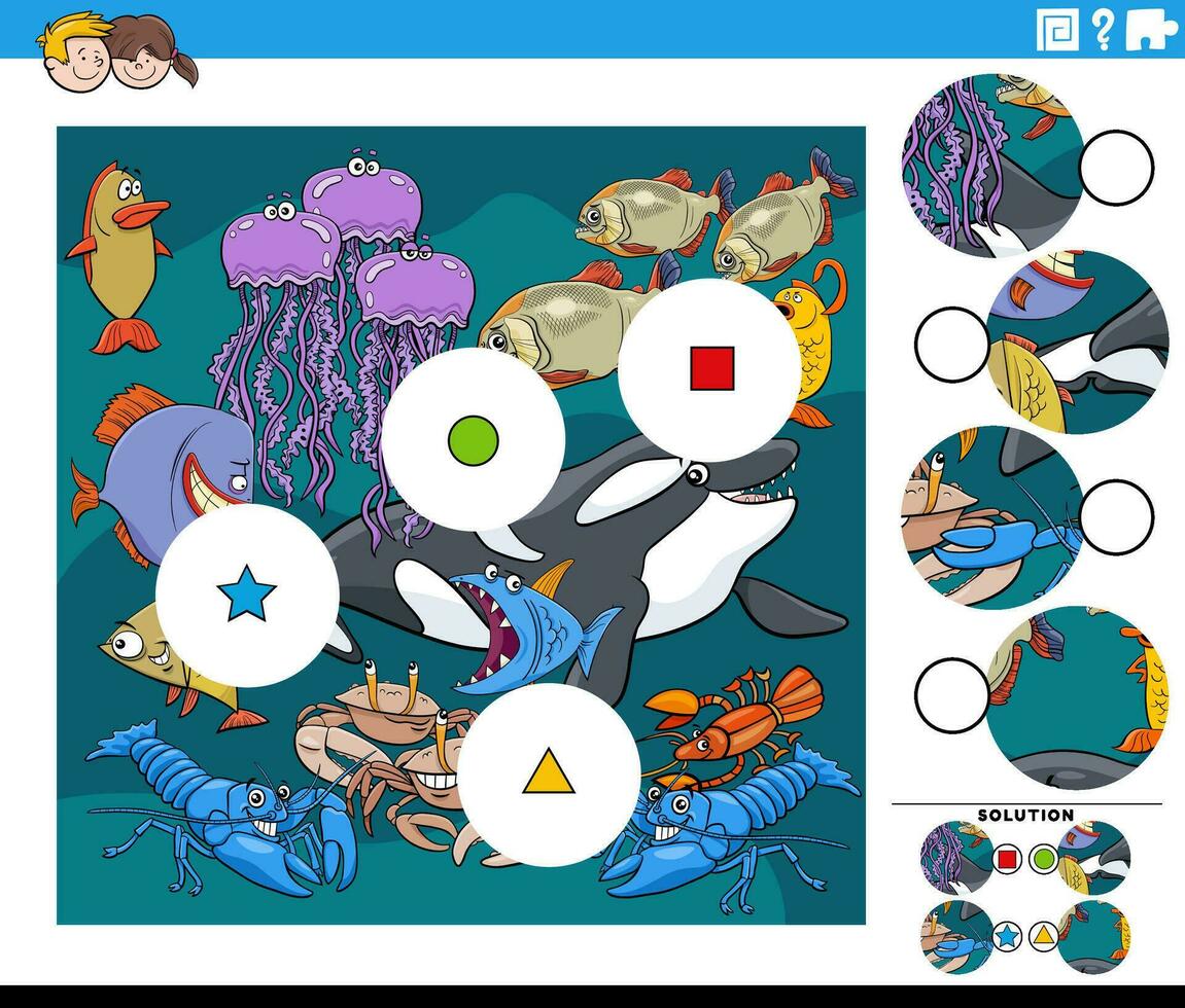 match bitar spel med tecknad serie marin djur- tecken vektor