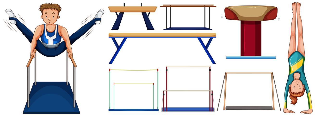 Gymnastik mit Athleten und Ausrüstungen vektor