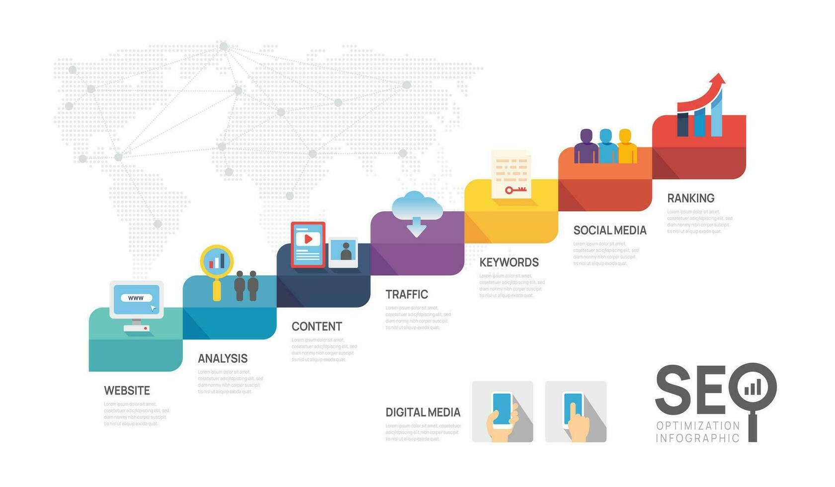 infographic mall seo optimering diagram presentation baner mall. seo digital presentation layout. 7 alternativ Diagram steg. vektor