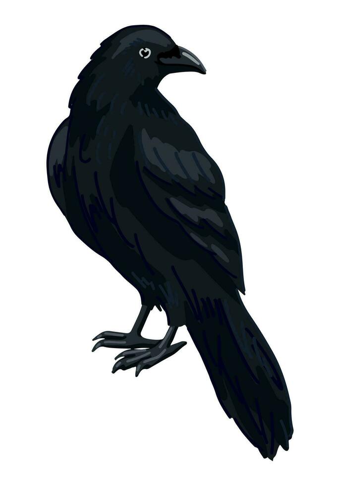 Stehen Krähe Clip Art isoliert auf Weiß. Karikatur Stil Zeichnung von schwarz Rabe wild Vogel. Halloween gruselig Fauna modern Vektor Illustration.