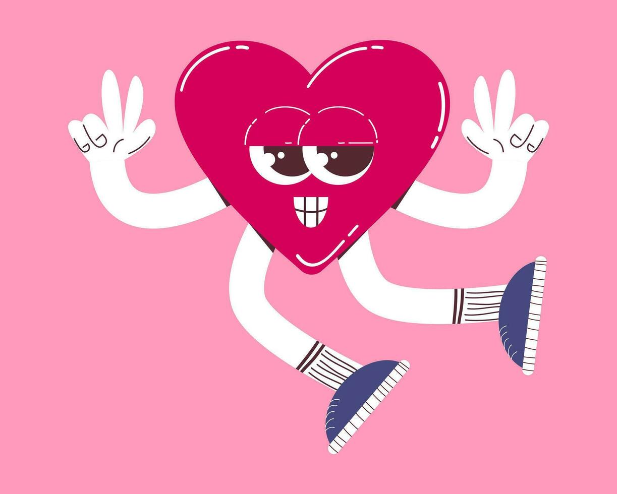 süß Herz Charakter. Vektor Illustration von ein Herz Maskottchen im retro Karikatur Stil. Konzept zum Valentinstag Tag.