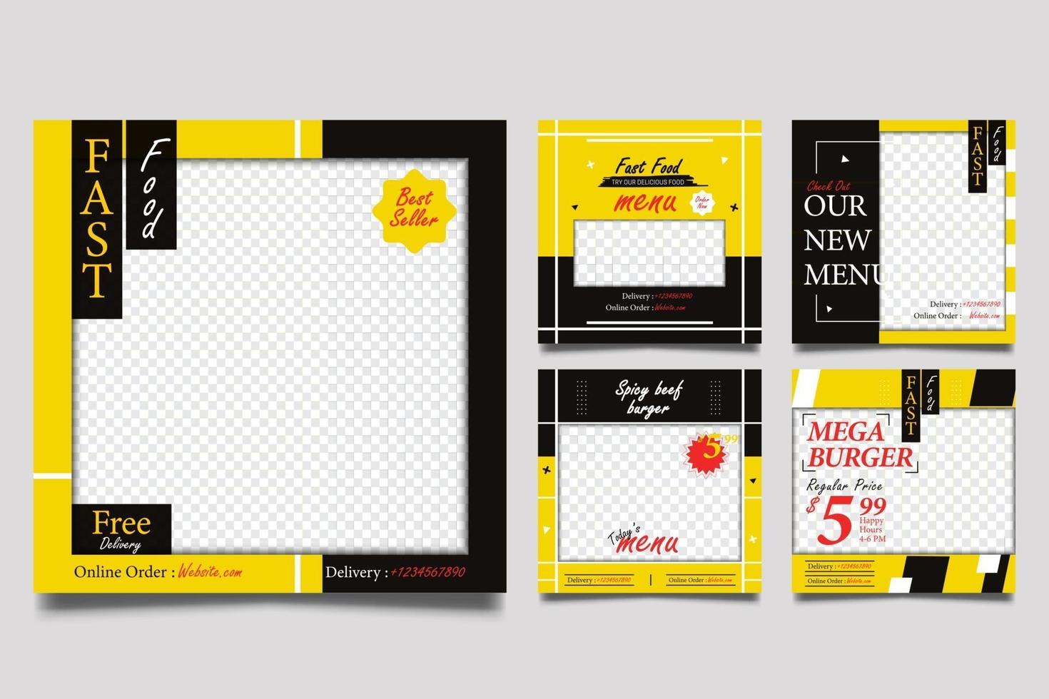 snabbmat promo fyrkantiga banner mallar med gul och svart bakgrund. vektor