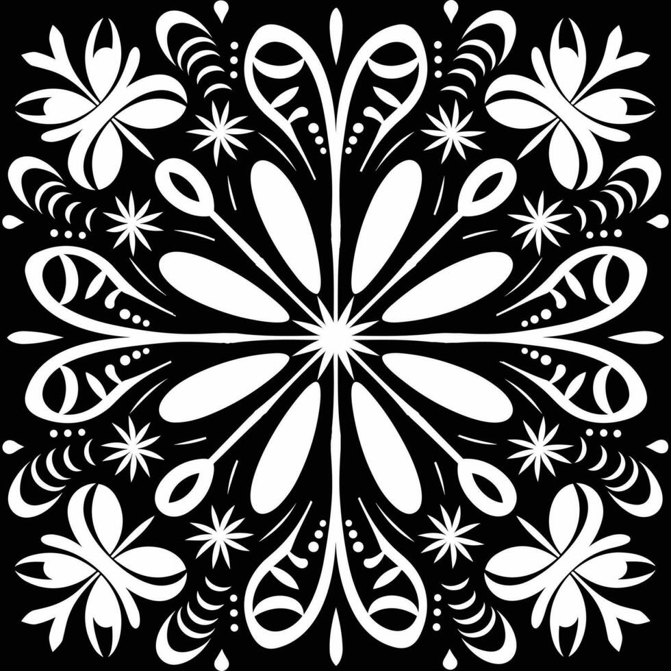 schwarz und Weiß geometrisch Muster Vektor Illustration, im das Stil von goa inspiriert Motive, geometrisch Formen Muster, Batik, einfach Formen, Blumen- Motive, flackern Licht, Präzisionist