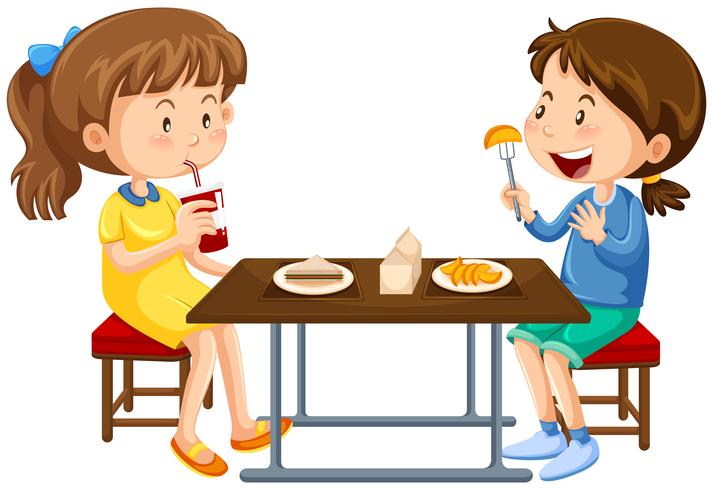 Två tjejer äter på picknickbord vektor
