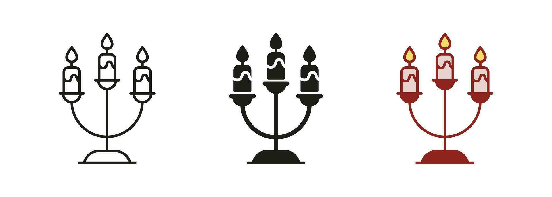 ljusstake med brinnande ljus linje och silhuett ikon uppsättning. ljus hållare med flamma för jul, hanukkah symboler. dekor för halloween svart och Färg piktogram. isolerat vektor illustration.