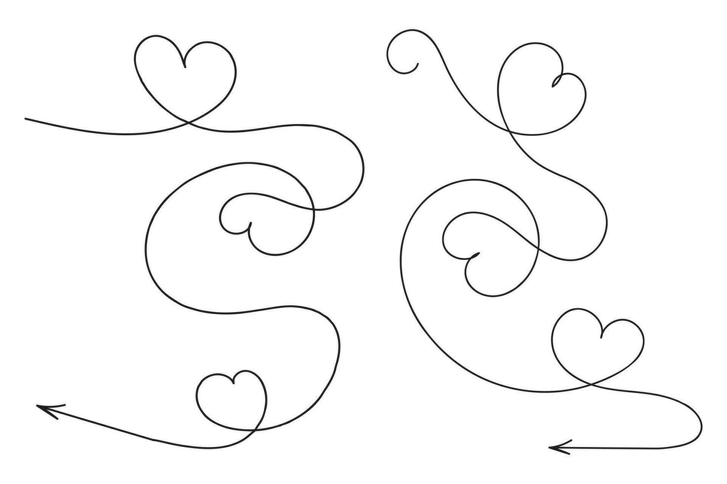 hand dragen tunn kontinuerlig linje härlig hjärtan stil böjd pil vektor, ett linje vänster rätt riktning kärlek tecken med penna pilar, minimalistisk översikt enda linje sätt dekorationer dekorativ element vektor